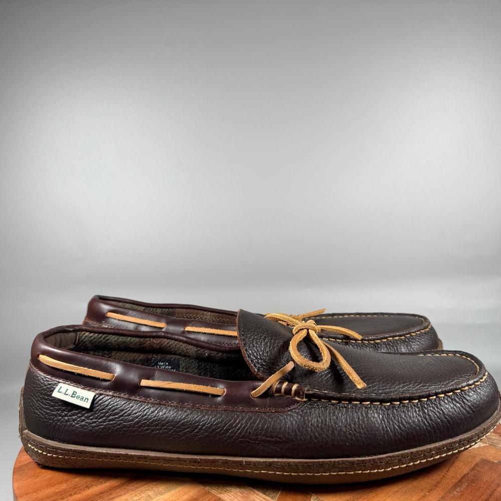 LL Bean Wicked Good Moccasins Mens 13 Wide Brown Tumbled Leather Plaid 212164
